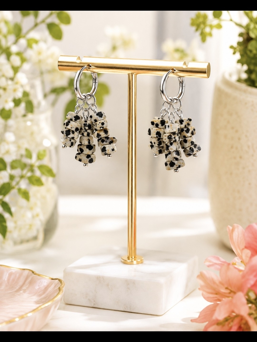Dalmatian Jasper Beaded Stainelss  Hoop Earrings - Black & Cream